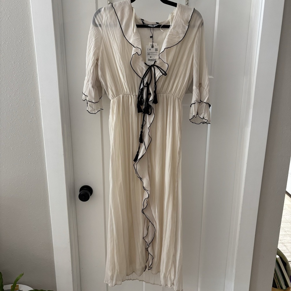ZARA NWT WOMEN'S RUFFLED MIDI V-NECK DRESS OYSTER WHITE Size XS COTTAGE CORE‎